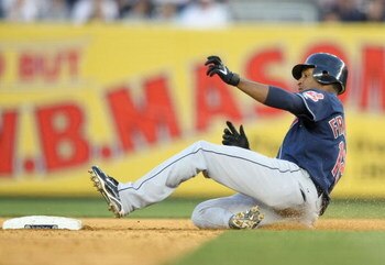 NEW YORK - APRIL 18:  Ben Francisco #12 of the Cleveland Indians runs the bases against the New York Yankees at Yankee Stadium on April 18, 2009 in the Bronx borough of New York City.  (Photo by Nick Laham/Getty Images)