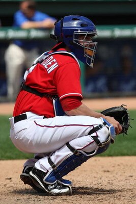 ARLINGTON, TX - APRIL 19:  Catcher Taylor Teagarden #2 of the Texas Rangers on April 19, 2009 at Rangers Ballpark in Arlington, Texas.  (Photo by Ronald Martinez/Getty Images)