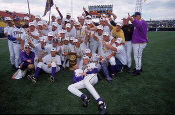 17 Jun 2000: The LSU Tiger celebrate after winning the Championship Game of the College World Series against the Stanford Cardinals at the Resenblatt Stadium in Omaha, Nebraska. The Tigers defeated the Cardinals 6-5.Mandatory Credit: Andy Lyons  /Allsport