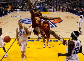 LOS ANGELES, CA - MARCH 13:  Guard DeMar DeRozan #10 of the USC Trojans dunks the ball during their 65-55 win over the UCLA Bruins in the Pacific Life Pac-10 Men's Basketball Tournament at the Staples Center on March 13, 2009 in Los Angeles, California.  