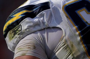 DENVER - SEPTEMBER 14:  Detail of the equipment and uniform of tackle Kris Dielman #68 of the San Diego Chargers as he awaits action against the Denver Broncos during NFL action at Invesco Field at Mile High on September 14, 2008 in Denver, Colorado. The 
