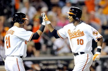 BALTIMORE - MAY 09:  Adam Jones #10 of the Baltimore Orioles is congratulated by Nick Markakis #21 after hitting a home run in the eighth inning against the New York Yankees at Oriole Park at Camden Yards on May 9, 2009 in Baltimore, Maryland.  (Photo by 