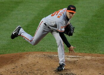NEW YORK - MAY 19:  Brad Bergesen #64 of the Baltimore Orioles pitches against the New York Yankees on May 19, 2009 at Yankee Stadium in the Bronx borough of New York City.  The Yankees defeated the Orioles 9-1.  (Photo by Jim McIsaac/Getty Images)