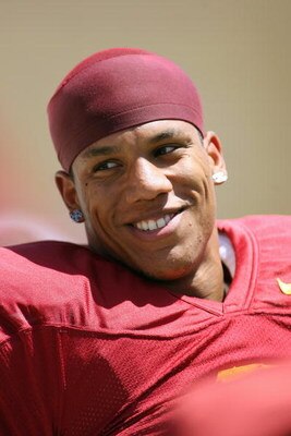 LOS ANGELES, CA - APRIL 25: Safety Taylor Mays #2 of the USC Trojans smiles on the sidelines during the spring game on April 25, 2009 at the Los Angeles Memorial Coliseum in Los Angeles, California.  The cardinal team won 16-10.  (Photo by Jeff Golden/Get