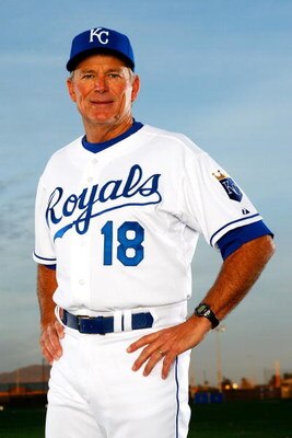 SURPRISE, AZ - FEBRUARY 25:  First base coach Rusty Kuntz #18 of the Kansas City Royals poses for a portrait during spring training on February 25, 2008 at Suprise Stadium in Surprise, Arizona.  (Photo by Jamie Squire/Getty Images)