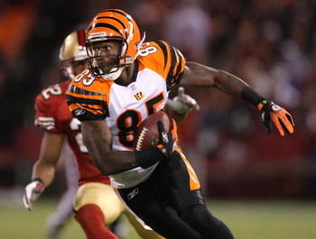 SAN FRANCISCO - DECEMBER 15: Chad Johnson #85 of the Cincinnati Bengals catches a pass against the San Francisco 49ers during an NFL game on December 15, 2007 at Monster Park in San Francisco, California. (Photo by Jed Jacobsohn/Getty Images)