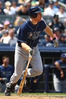 NEW YORK - JUNE 07:  Gabe Gross #26 of the Tampa Bay Rays at bat  against the New York Yankees during their game on June 7, 2009 at Yankee Stadium in the Bronx borough of New York City.  (Photo by Chris McGrath/Getty Images)