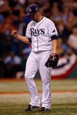 ST PETERSBURG, FL - OCTOBER 23:  Starting pitcher James Shields #33 of of the Tampa Bay Rays reacts against the Philadelphia Phillies during game two of the 2008 MLB World Series on October 23, 2008 at Tropicana Field in St. Petersburg, Florida.  (Photo b