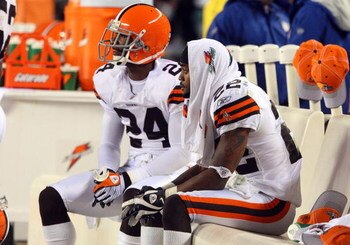 PHILADELPHIA - DECEMBER 15:  Brandon McDonald #22 and Eric Wright #24 of the Cleveland Browns look on against the Philadelphia Eagles on December 15, 2008 at Lincoln Financial Field in Philadelphia, Pennsylvania.  (Photo by Jim McIsaac/Getty Images)
