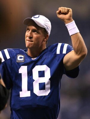 INDIANAPOLIS - NOVEMBER 02:  Peyton Manning #18 of the Indianapolis Colts celebrates the COlts 18-15 win against the New England Patriots at Lucas Oil Stadium on November 2, 2008 in Indianapolis, Indiana.  (Photo by Andy Lyons/Getty Images)