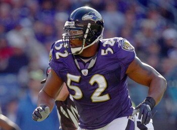 BALTIMORE - OCTOBER 26:  Ray Lewis #52 of the Baltimore Ravens runs on the field during the game against the Oakland Raiders at M&T Bank Stadium on October 26, 2008 in Baltimore, Maryland. (Photo by: Chris McGrath/Getty Images)