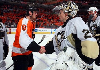 PHILADELPHIA - APRIL 25:  Randy Jones #6 of the Philadelphia Flyers congratulates Marc-Andre Fleury #29 of the Pittsburgh Penguins after Game Six of the Eastern Conference Quarterfinal Round of the 2009 NHL Stanley Cup Playoffs  at the Wachovia Center on 