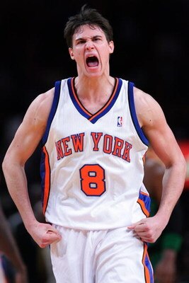 NEW YORK - FEBRUARY 06:  Danilo Gallinari #8 of the New York Knicks reacts against the Boston Celtics at Madison Square Garden on February 6, 2009 in New York City. NOTE TO USER: User expressly acknowledges and agrees that, by downloading and/or using thi