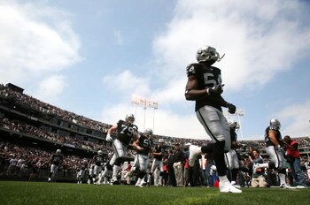 OAKLAND, CA - SEPTEMBER 09:  Sam Williams #54 of the Oakland Raiders enters the field prior to his game against the Detroit Lions at an NFL game on September 9, 2007 at McAfee Coliseum in Oakland, California.  (Photo by Jed Jacobsohn/Getty Images)  