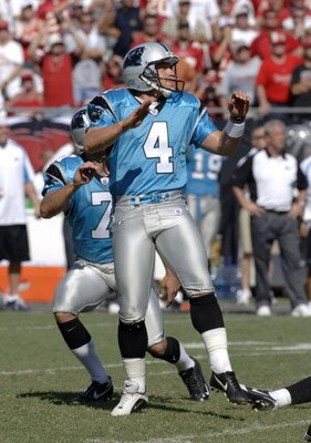 Carolina Panthers kicker John Kasay kicks a 47-yard, game-winning field goal  against the Tampa Bay Buccaneers September 24, 2006 in Tampa.  The Panthers defeated the Bucs 26 - 24.  (Photo by Al Messerschmidt/Getty Images)
