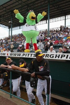 BRADENTON, FL - MARCH 4:  Pirate Parot, the mascot of the Pittsburgh Pirates, gets the crowd going during their game against the Cinncinati Reds during Spring Training March 4, 2004 at McKechnie Field  in Bradenton, Florida. (Photo by Eliot J. Schechter/G