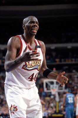 15 Feb 2000: Tyrone Hill #40 of the Philadelphia 76ers reacts to a call during the game against the Charlotte Hornets at the First Union Center in Philadelphia, Pennsylvania. The Hornets defeated the 76ers 95-93.