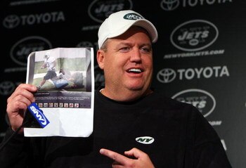 FLORHAM PARK, NJ - MAY 02:  Head coach Rex Ryan of the New York Jets holds up a picture of rookie running back Shonn Greene as he speaks to the media during minicamp on May 2, 2009 at the Atlantic Health Jets Training Center in Florham Park, New Jersey.  