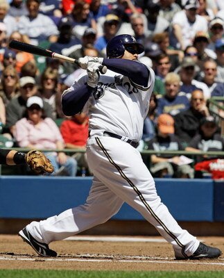 MILWAUKEE - MAY 14: Prince Fielder #28 of the Milwaukee Brewers hits the ball against the Florida Marlins on May 14, 2009 at Miller Park in Milwaukee, Wisconsin. The Brewers defeated the Marlins 5-3.  (Photo by Jonathan Daniel/Getty Images)