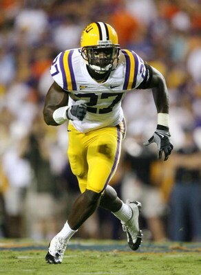 AUBURN, AL - SEPTEMBER 20:  Safety Curtis Taylor #27 of the LSU Tigers drops back into coverage while taking on the Auburn Tigers at Jordan-Hare Stadium on September 20, 2008 in Auburn, Alabama. LSU defeated Auburn 26-21.  (Photo by Doug Benc/Getty Images
