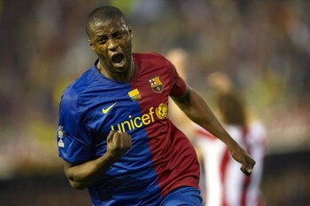 VALENCIA, SPAIN - MAY 13:  Toure Yaya of Barcelona celebrates the first goal during the Copa del Rey final match between Barcelona and Athletic Bilbao at the Mestalla stadium on May 13, 2009 in Valencia, Spain.  (Photo by Manuel Queimadelos Alonso/Getty I