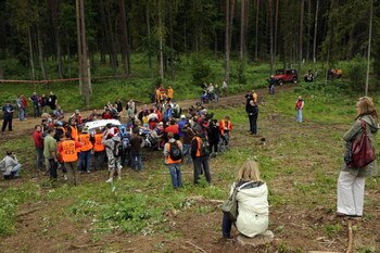 MIKOLAJKI, POLAND - JUNE 26:  Citroen C4 Total of Sebastien Loeb and Daniel Elena went off the road in the special stage 4 Paprotki  during Leg 1 of the WRC Rally of Poland  in Mikolajki , Poland  (Photo by Massimo Bettiol/Getty Images)
