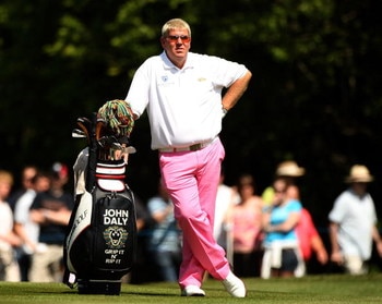 WENTWORTH, ENGLAND - MAY 24:  John Daly of the United States waits to play a shot on the 18th hole during the Final Round of the BMW PGA Championship at Wentworth on May 24, 2009 in Virginia Water, England.  (Photo by Warren Little/Getty Images)