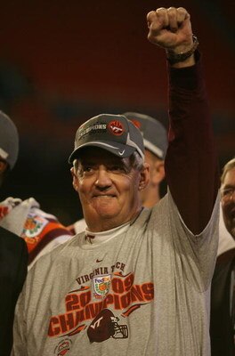 MIAMI - JANUARY 01:  Head coach Frank Beamer of the Virginia Tech Hokies celebrates after defeating the Cincinnati Bearcats to win the FedEx Orange Bowl at Dolphin Stadium on January 1, 2009 in Miami, Florida.  (Photo by Marc Serota/Getty Images)