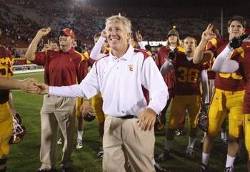 LOS ANGELES - OCTOBER 4:  Head coach Pete Carroll of the USC Trojans smiles after the game against the Oregon Ducks on October 4, 2008 at the Los Angeles Memorial Coliseum in Los Angeles, California.  USC won 44-10.  (Photo by Jeff Golden/Getty Images)