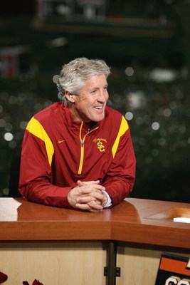 PASADENA, CA - JANUARY 1:  Head coach Pete Carroll of the USC Trojans smiles on the ESPN College Game Day set after the game against the Penn State Nittany Lions on January 1, 2009 at the Rose Bowl in Pasadena, California.  USC won 38-24.  (Photo by Jeff 