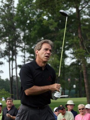 BIRMINGHAM, AL - MAY 14: Alabama coach Nick Saban watches his drive from the first tee during the Thursday Pro-AM of the Regions Charity Classic at the Robert Trent Jones Golf Trail at Ross Bridge on May 14, 2009  in Birmingham, Alabama. (Photo by Dave Ma