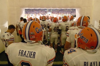 MIAMI - JANUARY 08:  Brandon Frazier #3 and Andrew Blaylock #14of the Florida Gators get ready to enter the field before the FedEx BCS National Championship Game against the Oklahoma Sooners at Dolphin Stadium on January 8, 2009 in Miami, Florida.  (Photo