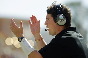 AUSTIN, TX - NOVEMBER 8: Defensive coordinator Will Muschamp of the Texas Longhorns cheers on his team against the Baylor Bears in the second quarter on November 8, 2008 at Darrell K Royal-Texas Memorial Stadium in Austin, Texas.  Texas won 45-21. (Photo 