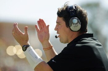AUSTIN, TX - NOVEMBER 8: Defensive coordinator Will Muschamp of the Texas Longhorns cheers on his team against the Baylor Bears in the second quarter on November 8, 2008 at Darrell K Royal-Texas Memorial Stadium in Austin, Texas.  Texas won 45-21. (Photo 
