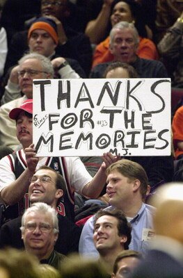 CHICAGO - JANUARY 24:  A Chicago Bulls fan holds a sign honoring Michael Jordan #23 of the Washington Wizards during Jordan's last appearance against his old team at the United Center on January 24, 2003 in Chicago, Illinois.  The Bulls won 104-97.  NOTE 