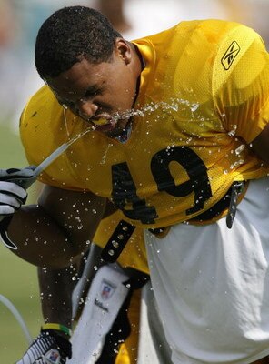 LATROBE, PA - AUGUST 08:  Marcello Church #49 of the Pittsburgh Steelers gets a drink during training camp at St. Vincent College on August 8, 2007 in Latrobe, Pennsylvania.  (Photo by Gregory Shamus/Getty Images)  