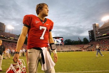 ATHENS, GA - OCTOBER 11:  Quarterback Matthew Stafford #7 of the Georgia Bulldogs looks on during the game against the Tennessee Volunteers at Sanford Stadium on October 11, 2008 in Athens, Georgia.  (Photo by Kevin C. Cox/Getty Images)