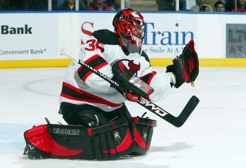 UNIONDALE, NY - FEBRUARY 21:  Scott Clemmensen #35 of the New Jersey Devils skates against the New York Islanders on February 21, 2009 at Nassau Coliseum in Uniondale, New York.  (Photo by Jim McIsaac/Getty Images)