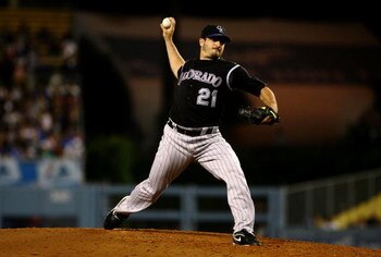 LOS ANGELES, CA - JUNE 30:  Starting pitcher Jason Marquis # 21 of the Colorado Rockies pitches during the eighth inning against the Los Angeles Dodgers at Dodger Stadium on June 30, 2009 in Los Angeles, California. (Photo by Jeff Gross/Getty Images)