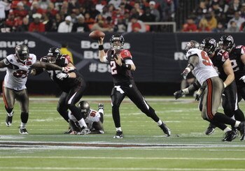 ATLANTA - DECEMBER 14: Quarterback Matt Ryan #2 of the Atlanta Falcons sets to pass against the Tampa Bay Buccaneers  at the Georgia Dome on December 14, 2008 in Atlanta, Georgia.  (Photo by Al Messerschmidt/Getty Images) 