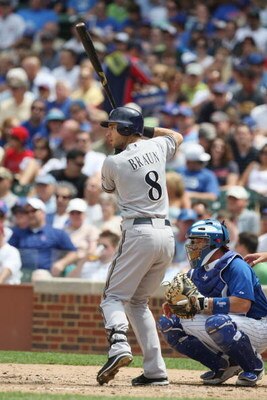 CHICAGO - JULY 03:  Ryan Braun #8 of the Milwaukee Brewers at bat against the Chicago Cubs during their MLB game on July 3, 2009 at Wrigley Field in Chicago, Illinois. (Photo by Jonathan Daniel/Getty Images) 