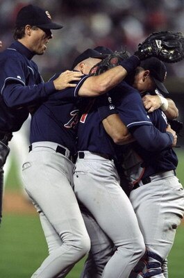 14 Oct 1998:  General view of the San Diego Padres as they celebrate winning the pennant following the National League Championship Series game against the Atlanta Braves at Turner Field in Atlanta, Geogia. The Padres defeated the Braves 5-0. Mandatory Cr