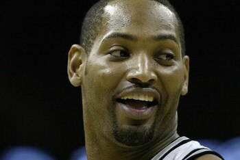SAN ANTONIO - MAY 20:  Robert Horry #5 of the San Antonio Spurs smiles against the Utah Jazz in Game One of the Western Conference Finals during the 2007 NBA Playoffs at AT&T Center on May 20, 2007 in San Antonio, Texas. NOTE TO USER: User expressly ackno
