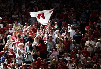 PHOENIX - MAY 30:  Fans of the Arizona Diamondbacks cheer and wave a team flag during the tenth inning of the major league baseball game against the Atlanta Braves at Chase Field on May 30, 2009 in Phoenix, Arizona. The Diamondbacks defeated the Braves 3-