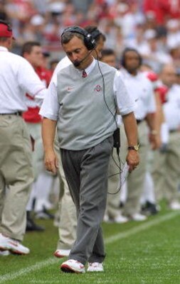 13 Oct 2001:  Ohio State head coach Jim Tressel walks the sideline in a game against Wisconsin at Ohio  Stadium in Columbus, Ohio. Wisconsin won the game 20-17. DIGITAL IMAGE. MANDATORY CREDIT: TOM PIDGEON/ALLSPORT
