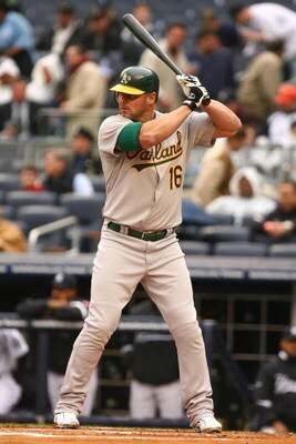 NEW YORK - APRIL 22:  Jason Giambi #16 of The Oakland Athletics in action against The New York Yankees during their game on April 22, 2009 at Yankee Stadium in the Bronx Borough of New York.  (Photo by Al Bello/Getty Images)