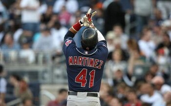 NEW YORK - APRIL 18:  Victor Martinez #41 of the Cleveland Indians celebrates a home run against the New York Yankees at Yankee Stadium on April 18, 2009 in the Bronx borough of New York City.  (Photo by Nick Laham/Getty Images)