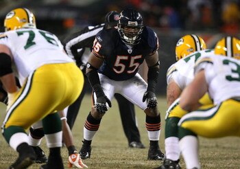 CHICAGO - DECEMBER 22:  Lance Briggs #55 of the Chicago Bears, the only Bear player elected to the Pro Bowl, waits for the start of a play by the Green Bay Packers on December 22, 2008 at Soldier Field in Chicago, Illinois. The Bears defeated the Packers 