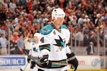 ANAHEIM, CA - APRIL 21:  Rob Blake #4 of the San Jose Sharks looks on against the Anaheim Ducks during Game Three of the Western Conference Quarterfinal Round of the 2009 Stanley Cup Playoffs at Honda Center on April 21, 2009 in Anaheim, California. (Phot