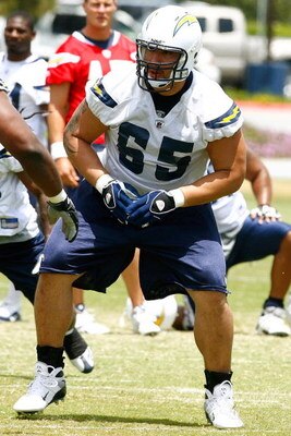SAN DIEGO - MAY 03: Guard Louis Vasquez #65 of the San Diego Chargers prepares to block during minicamp at the Chargers training facility on May 3, 2009 in San Diego, California. (Photo by Kevin Terrell/Getty Images)